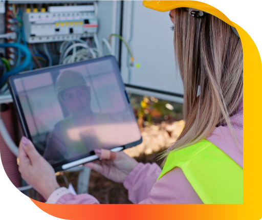 A person in a hi-vis vest holding a tablet video calling another person.