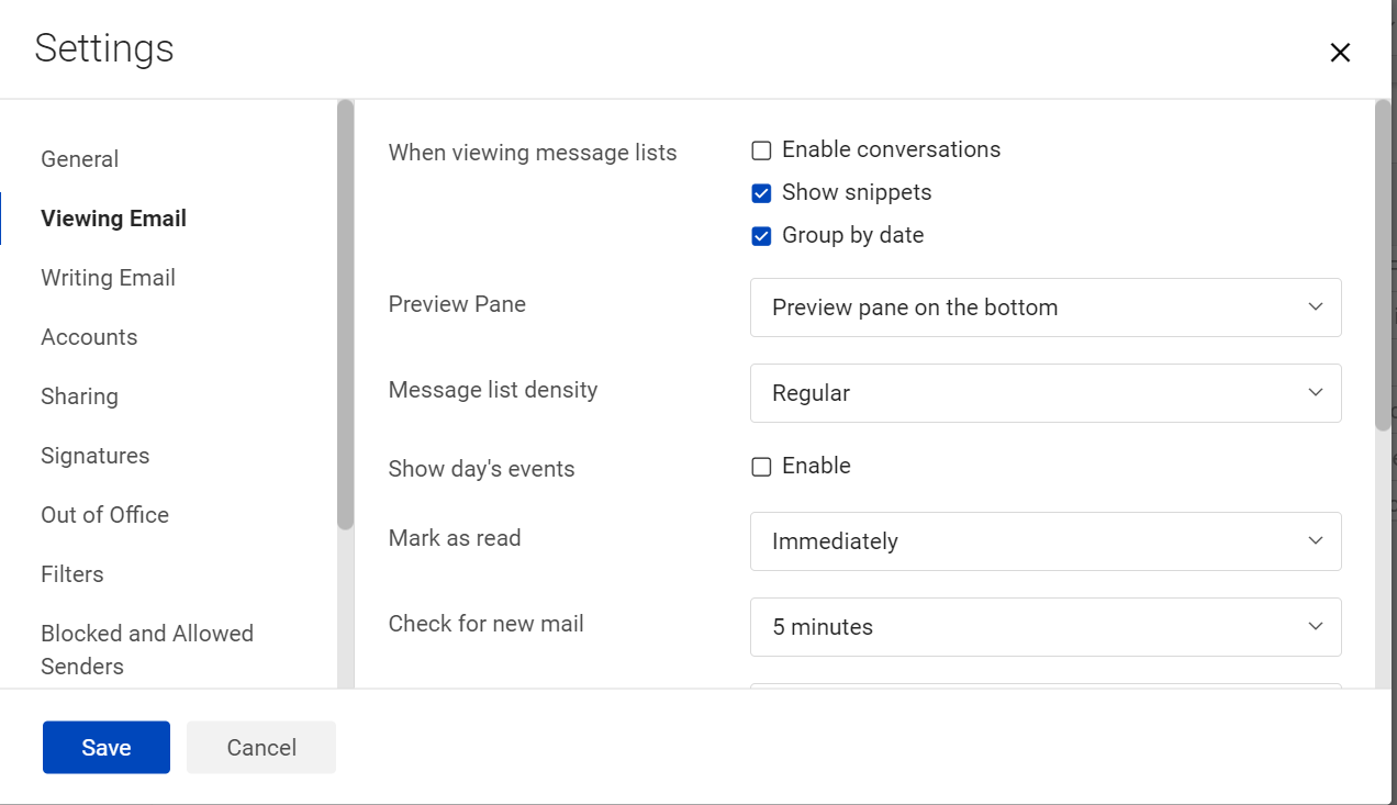 screenshot from modern webmail - view options