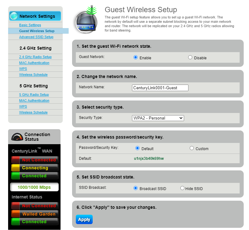 Guest Wireless setup screen in C4000 modem GUI