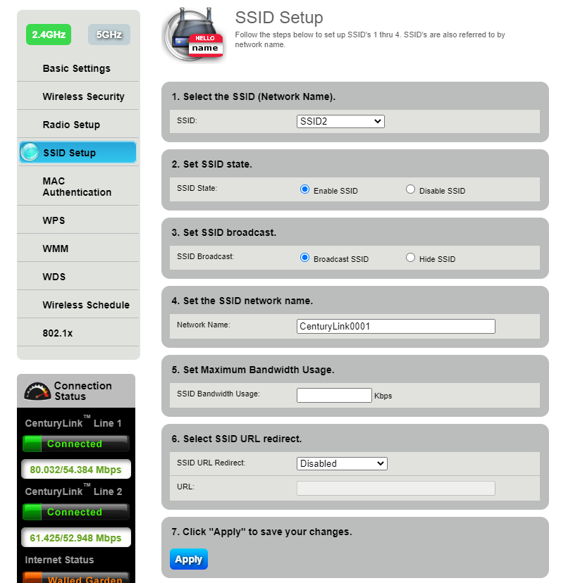 SSID setup screen from Wireless Setup in modem GUI