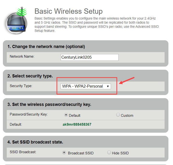 Basic Wireless Setup menu