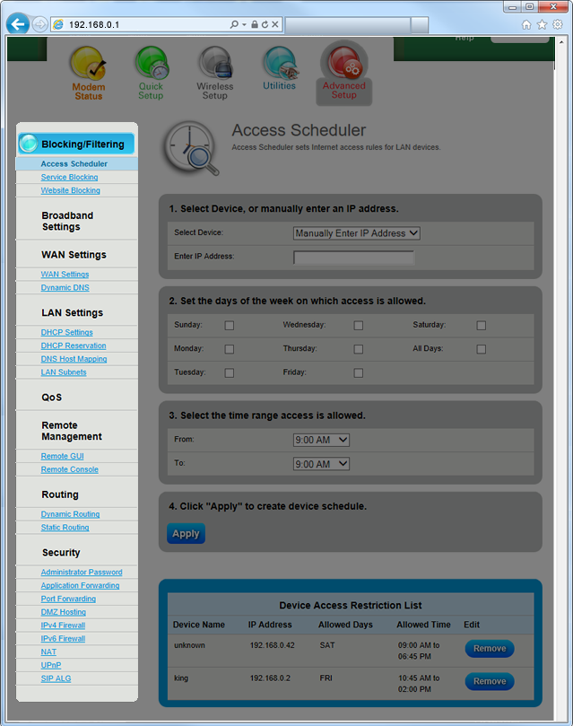 Advanced Setup menu