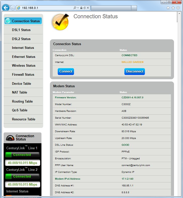 modem status menu