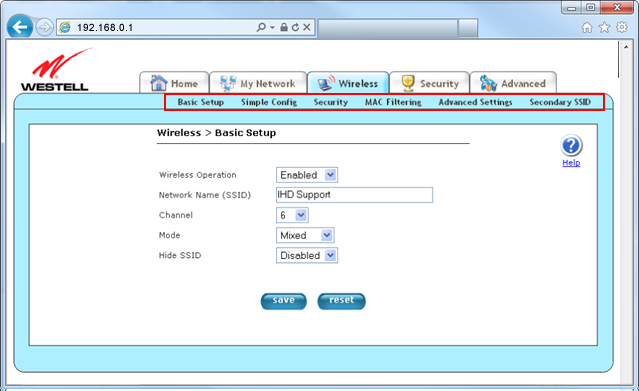 Westell 7500 modem wireless settings screenshot