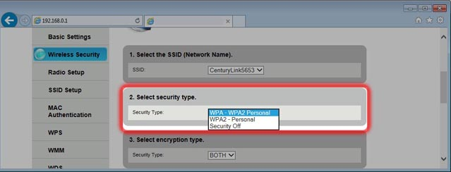 screenshot of modem settings showing security options