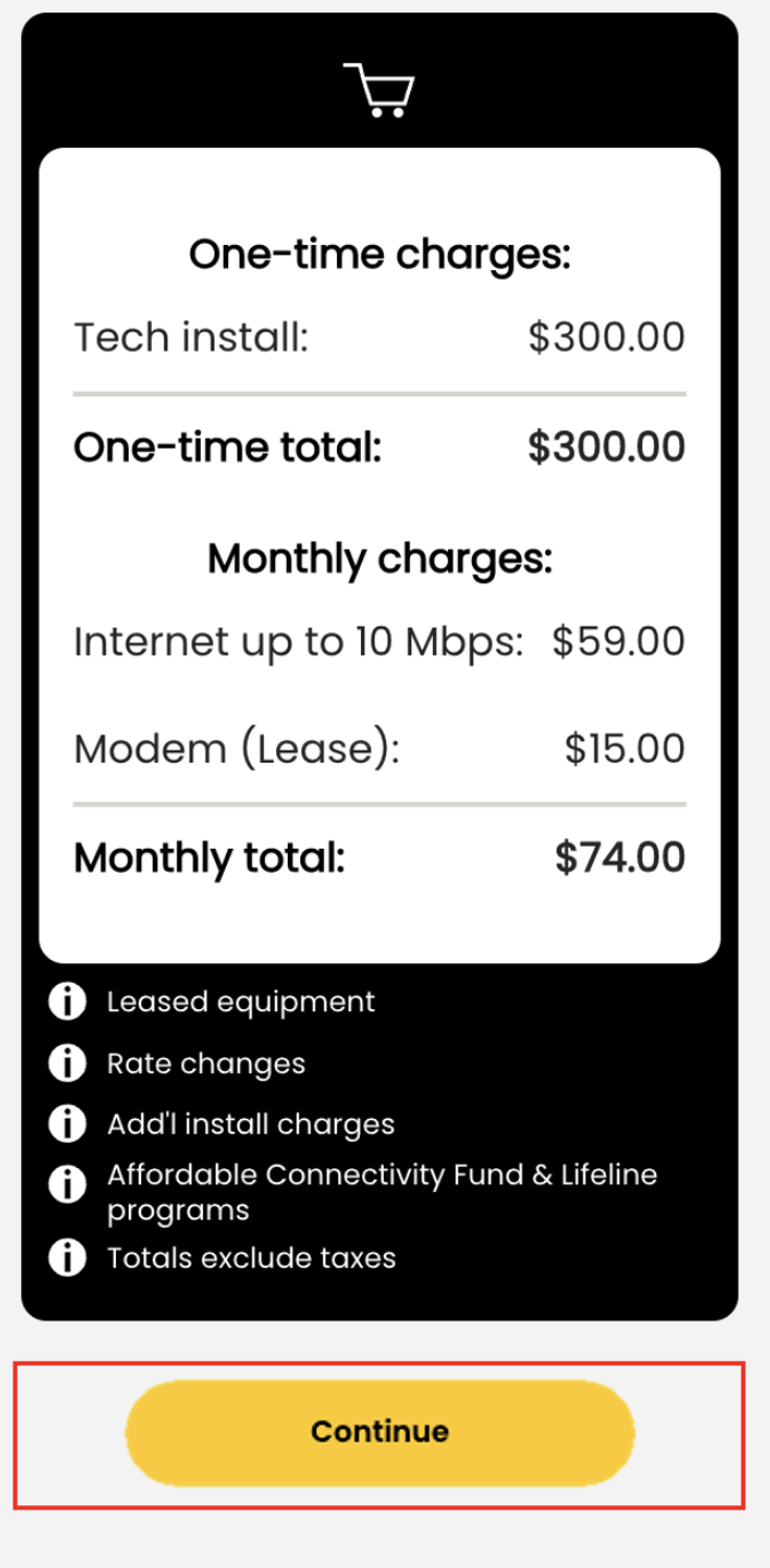 Yellow 'Continue' button shown at bottom of order estimate